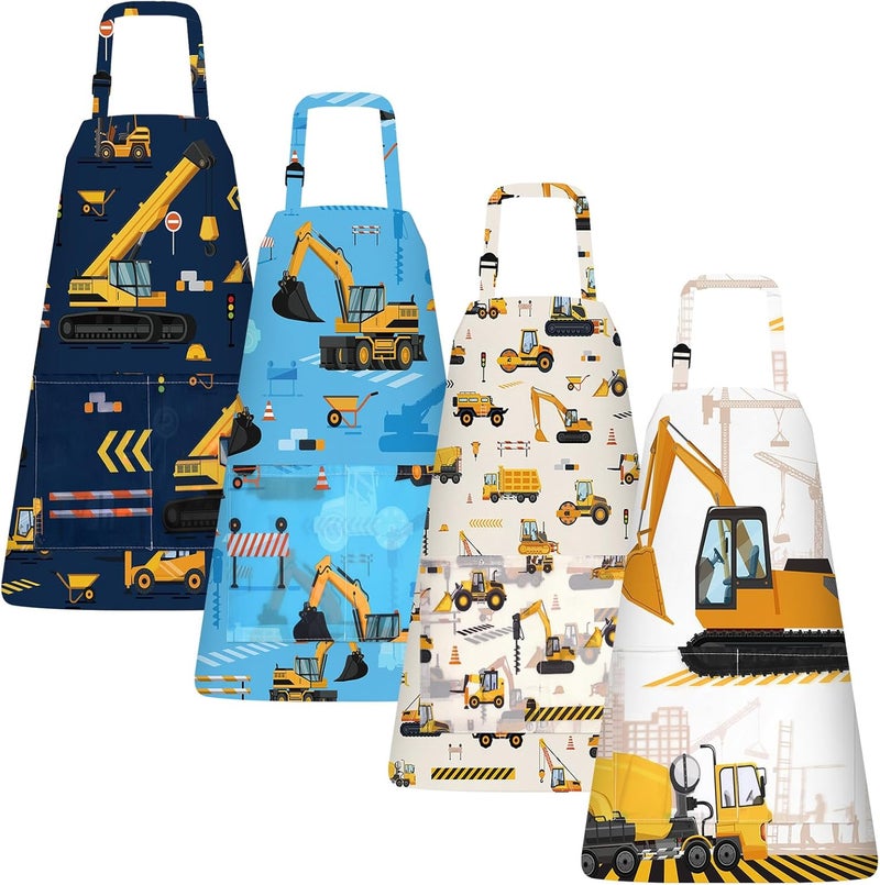PLULON 4 Pcs Aprons with Pockets Painting Apron for Kids, Kids Apron Adjustable Strap Engineering Vehicles Bulldozer Excavator Truck Apron for Painting Cooking Baking Girls Boys, 3-8 Years - Image 1